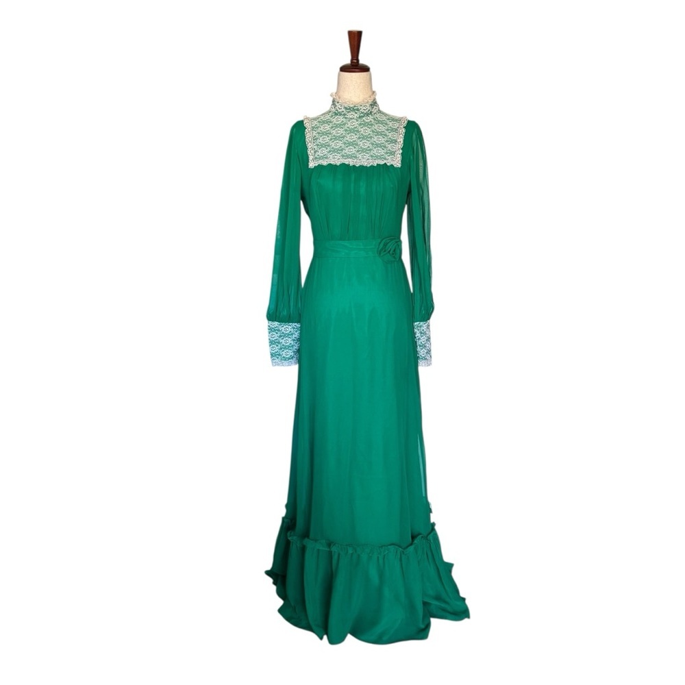 Vintage 70s Victorian Green Chiffon Lace Maxi Long Dress Gunne Sax Whimsigoth